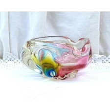Vintage Mid Century Japanese Sanyu Art Glass Colorful Chunky Cigar Ashtray Pink