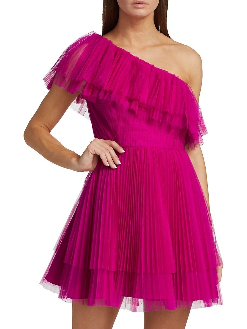 one shoulder ruffle pink mini tulle dress Elegant Pink Ballet One-shoulder Ruffle Short A-line Homecoming Dress, SposaBridal