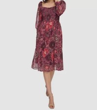 Vince Camuto Women's Red Floral Chiffon Smocked Square-Neck Midi Dress Size 16