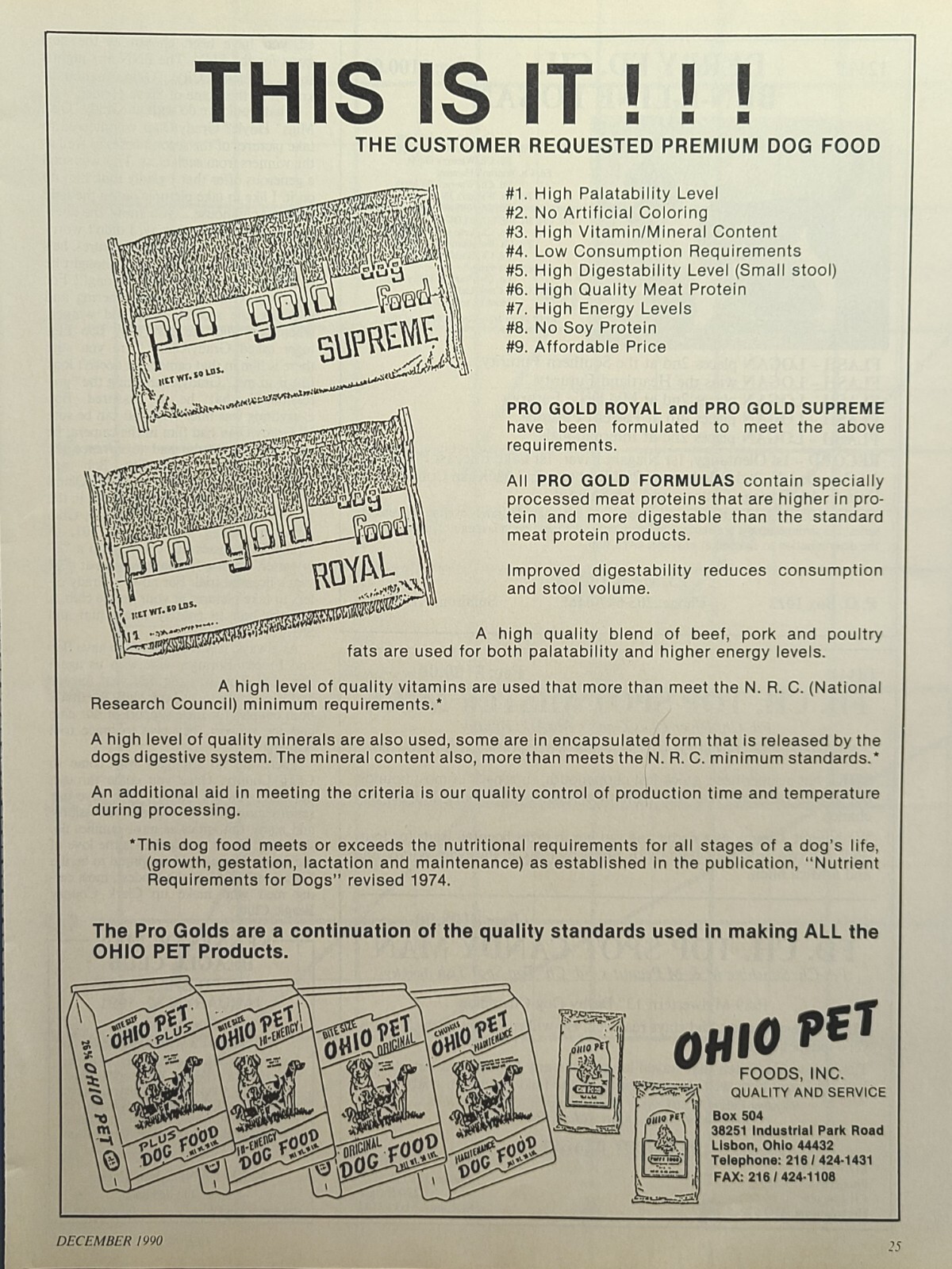 S, Inc. Pro Gold Dog Food Lisbon Oh Vintage Print Ad 1990