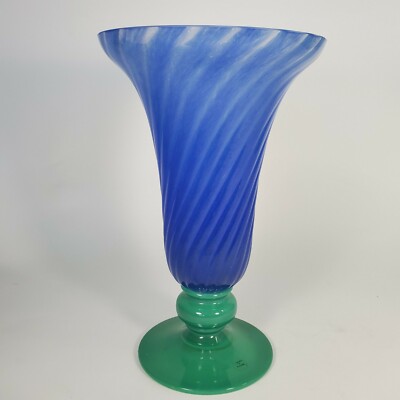 BLUE/ GREEN Romania Swirl Hurricane Art Glass Footed Vase / Urn 11'' Handcrafted