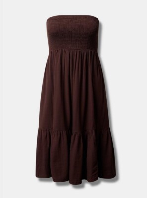 Torrid Midi Dual Fold Smocked Tiered Tube Dress Puce Brown 3 3X 22 24 #E75409
