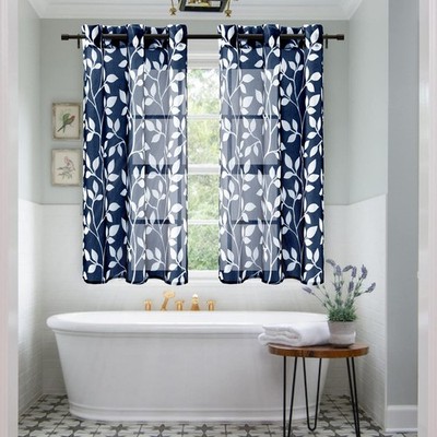 48 Inch Semi Sheer Short Curtains for Windows, Leaf Pattern Grommet Drapes fo...