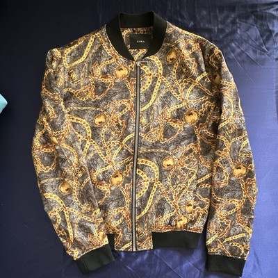 Zara Men's Black/Gold Chain Print Bomber Jacket Full Zip Size M