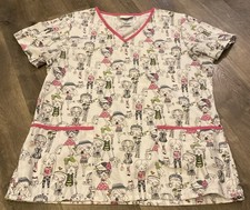 Scrubstar Scrub Top Woman s Sz S Girls Dogs Cats Print Blk Wh Pink SS Work Shirt