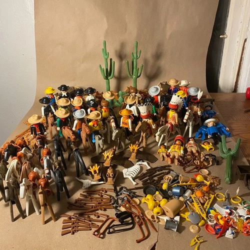 Vintage Playmobil Large Lot WESTERN Cowboy Indian Horses, Mules, Accessories