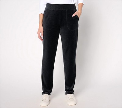 Denim & Co. Petite Active Velour Strght Leg Pant, Black Sz PM a673405