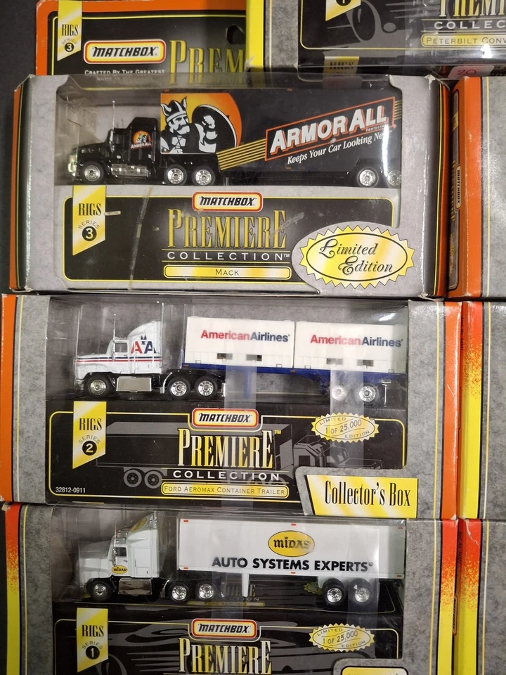 Matchbox Premiere rigs lot. Moving van, Container trailer, mack, Peterbilt Ford - Image 3 of 4