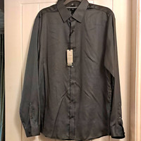 River Island Grey Solid Cotton Button-Up Shirt Long Sleeve Point Collar L