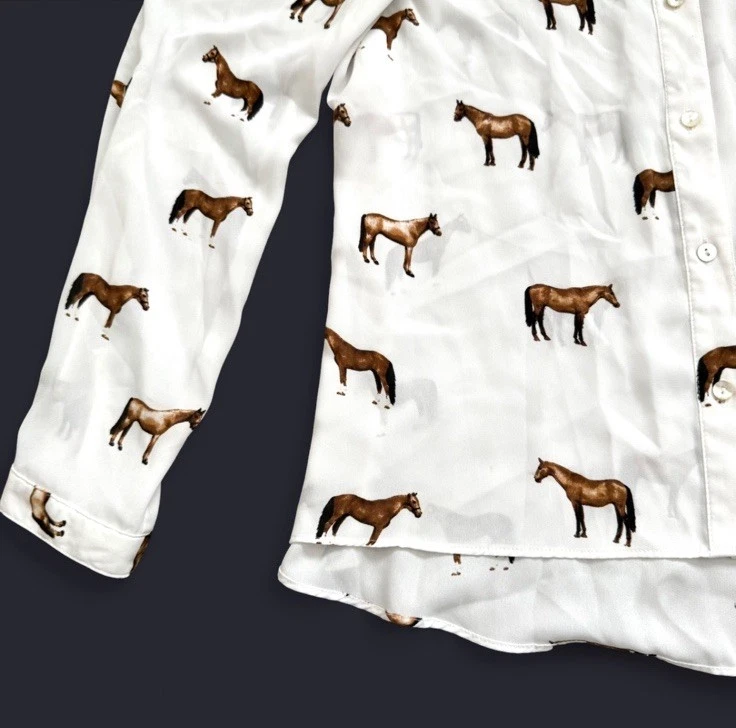 Camisa abotonada con estampado de caballo para mujer manga media larga transparente ecuestre country Foto 4 de 4