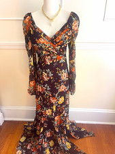 Veronica Beard Black Floral 100% Silk Chiffon Maxi Dress V-Neck Zip 0
