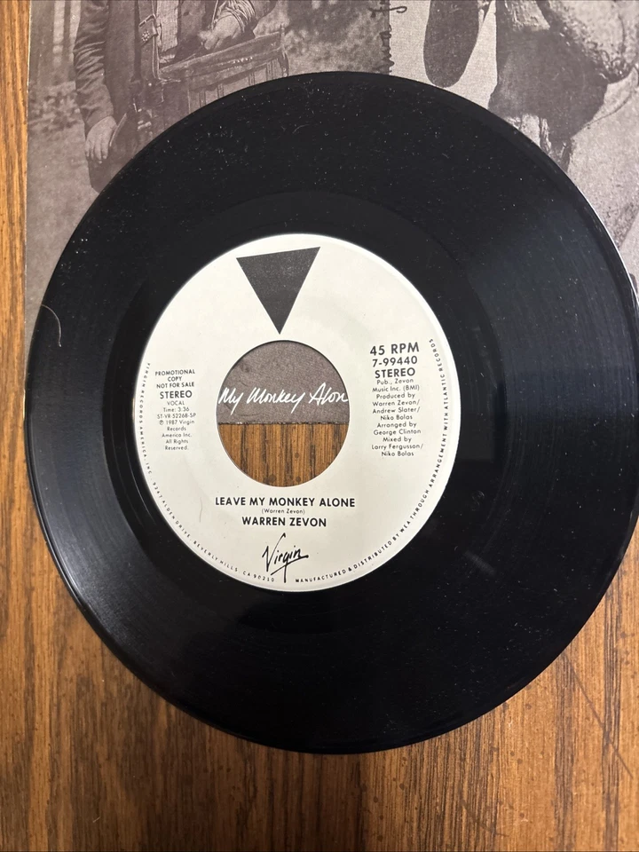 WARREN ZEVON Leave My Monkey Alone 1987 Virgin Vinyl Promo 45 VERY NICE - Image 3 of 4