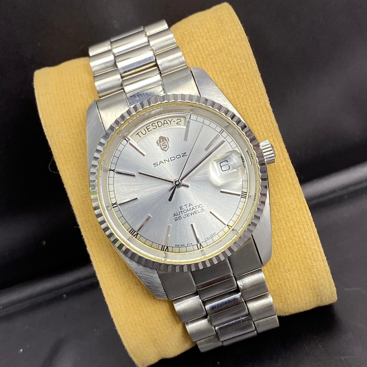 Rare Sandoz President Automatic ETA Swiss Silver Dial Day Date Vintage Watch Men image 3