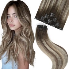 clip in hair extensions real human hair Balayage Walnut Brown to Ash Brown Mi...