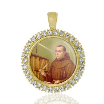 St Charles Of Sezze Christian Round Medal Gold Tone Pendant with Rhinestones