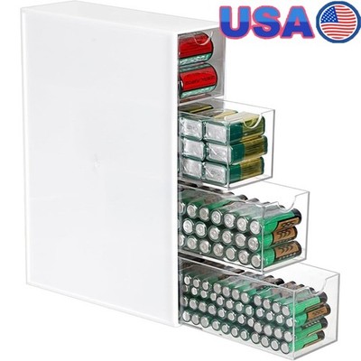 Large Acrylic Battery Storage Organizer Box 4-Drawer AAA AA C 9V Batteries New