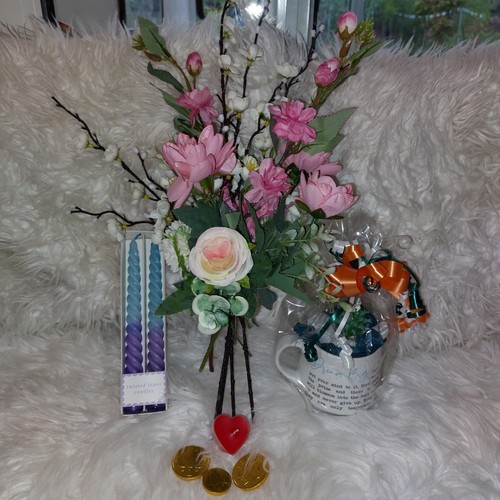 Floral Arrangement, Heart Candle, Tapered Candles, Dream Big Mug, Chocs Bn