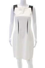 Elie Tahari Womens Square Neck Faux Leather Trim Sheath Dress White Size 6