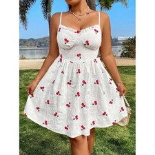 SHEIN Curve White Cherry Embroidered Eyelet Tie Strap Mini Dress 0XL