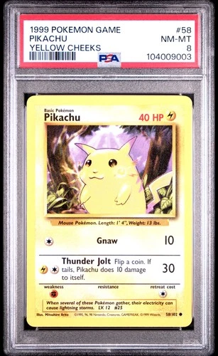 1999 POKEMON BASE SET UNLIMITED YELLOW CHEEKS #58 PIKACHU PSA 8