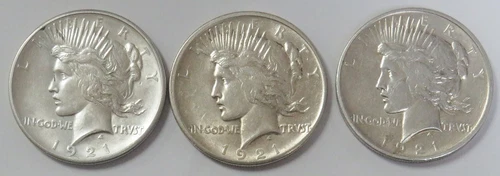 (3) 1921 HIGH RELIEF $1 PEACE SILVER DOLLAR HIGH GRADE AU - CU COINS