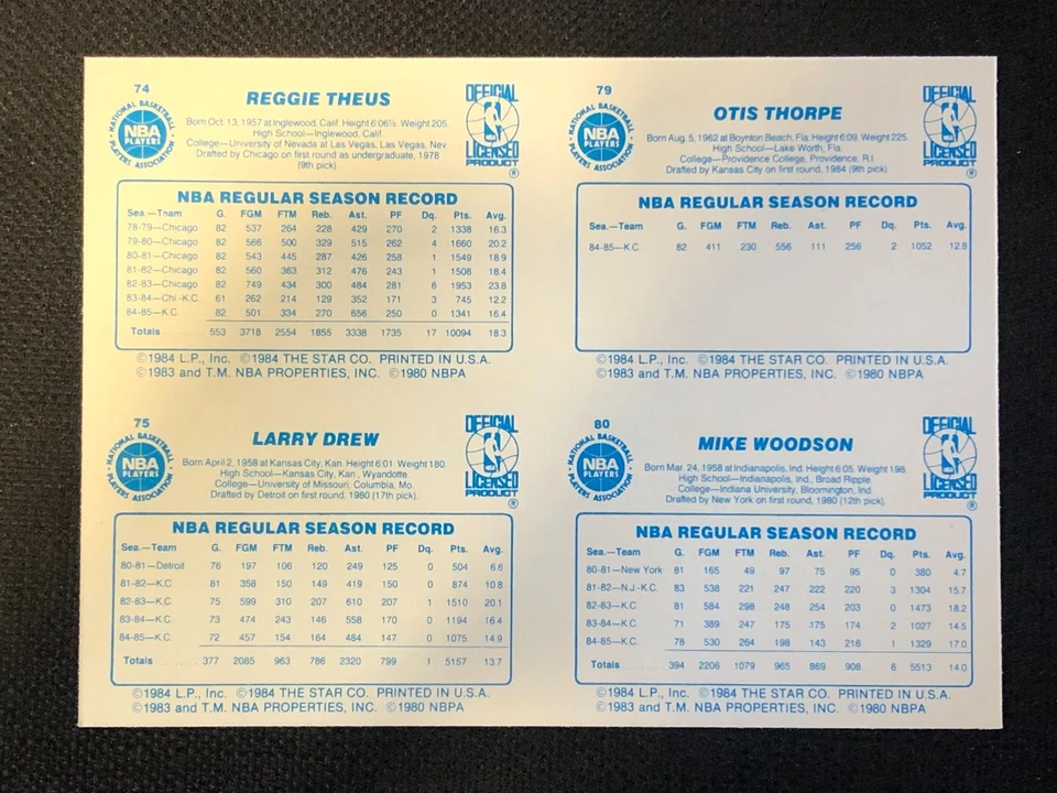 Sacramento Kings Star Co. 1986 baloncesto panel sin cortar hoja de 4 cartas Otis Thorpe Foto 2 de 2