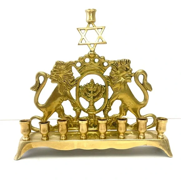 Vintage Lions of Judea Star of David Menorah Solid Brass Eastern European, 1900s