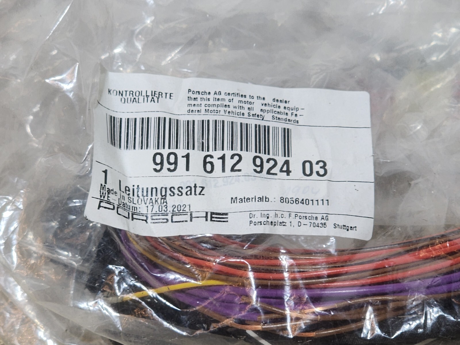 2017 Porsche 911 Front Bumper Wire Harness 99161292403 Genuine OEM  