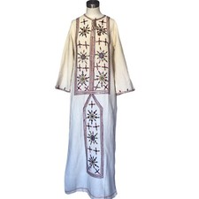 Vintage 70s Kaftan Cafton Dress White Hand Embroidered Tunic dress Medium LILI
