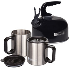 Valiant Portable Camping Kettle with Insulated Twin Pack Mug Set