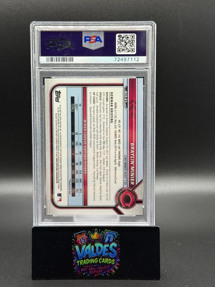 Braylin Minier 2022 Bowman cromo refractor dorado/50 PSA 10 GEM MT RC Foto 2 de 2