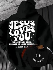 Men's JESUS LOVES YOU Faith Hooded Sweatshirt - Religious Message Print Hoodie,