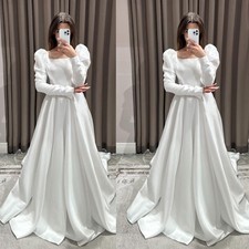 Vintage Wedding Dress Square Neck Puff Long Sleeve Satin Sweep Train Bridal Gown
