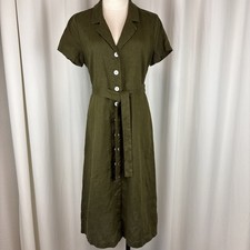 Quince 100% European Linen Tie Waist Button Front Midi Dress Martini Olive Sz S
