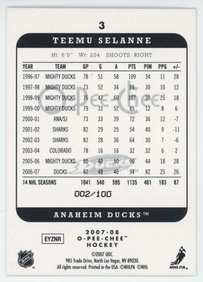 2007-08 O-PEE-CHEE Teemu Selanne #3 MICROMOTION BLACK /100 - Image 2 of 2