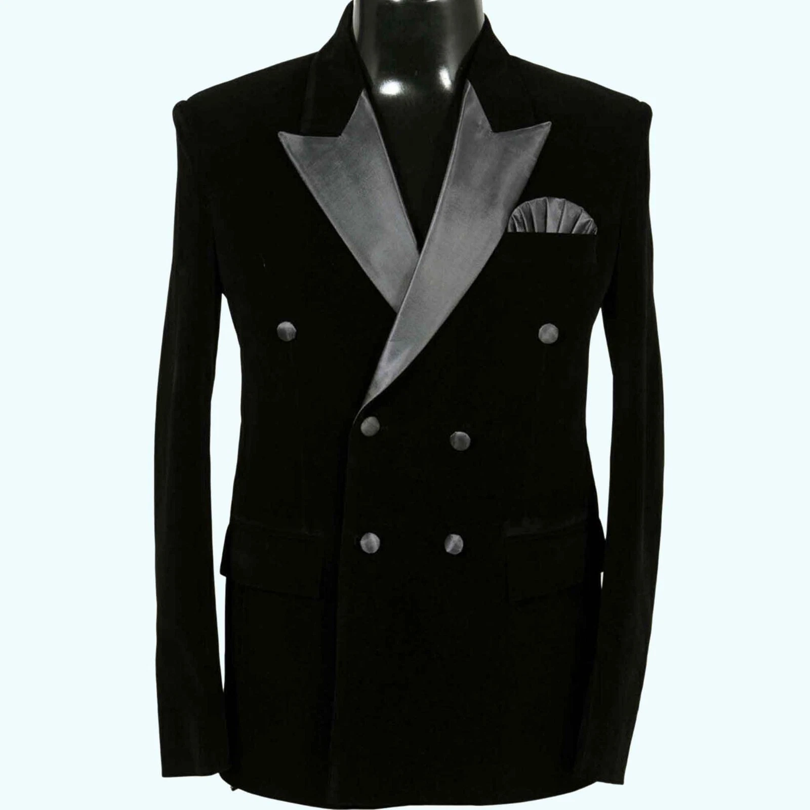 Mens Six Button Peak Lapel Black Velvet Blazer