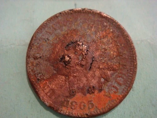 1865 Civil War Indian Head Penny IHP w/concavity - punch or bullet? - coin pic'd