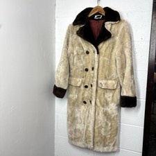 Vintage 70s Faux Fur Two Tone Coat Double Breasted Long Penny Hippie Boho Sz M