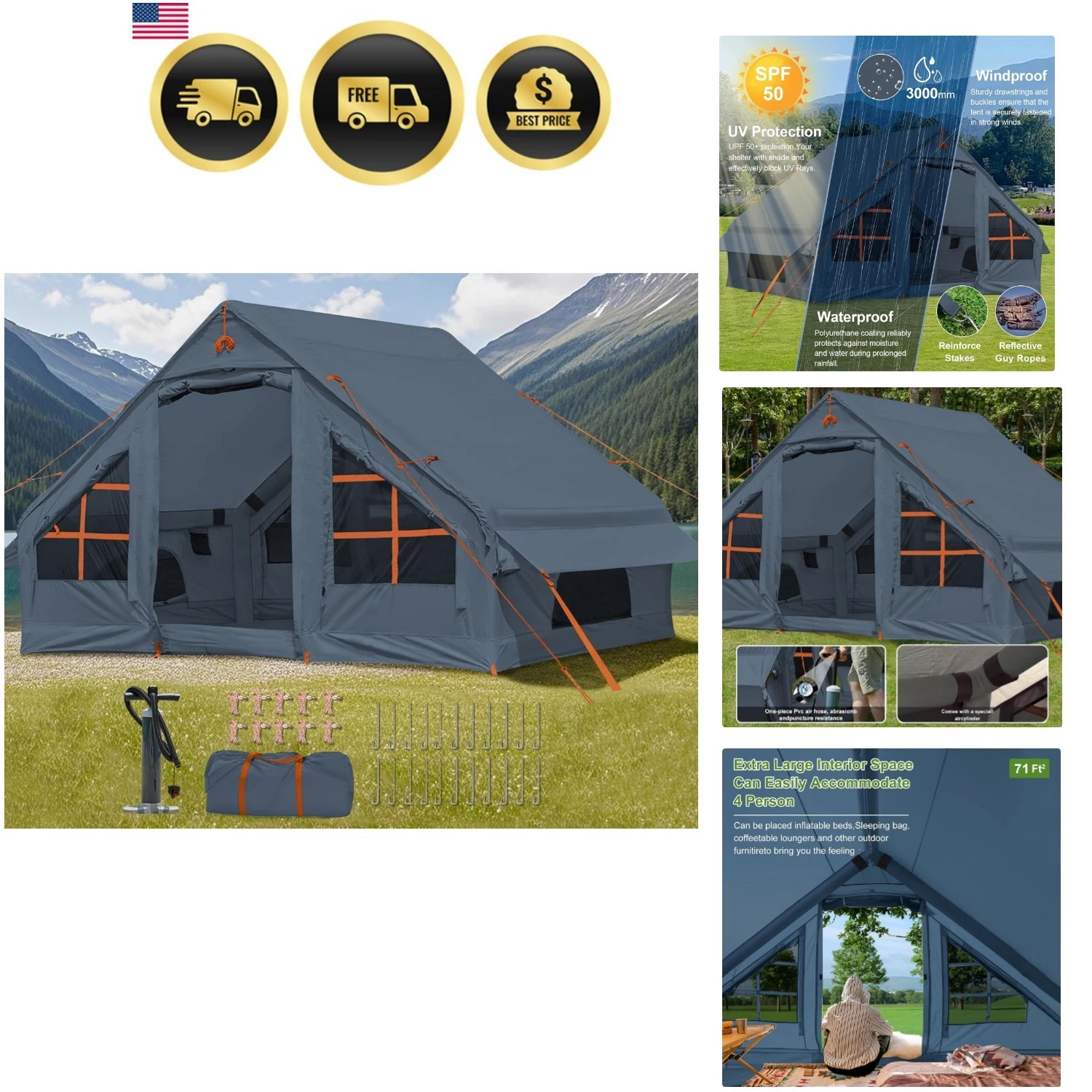 Inflatable Camping Tent Waterproof Easy Setup 6 Person Glamping Tents