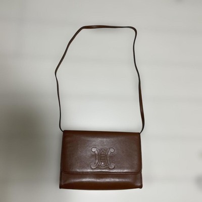 Rare Super Beautiful Celine Triomphe Brown Leather Shoulder Bag Embossed Logo