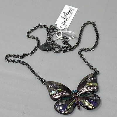 Park Lane Butterfly Pendant Necklace Gun Metal Tone Colorful Rhinestones NOS 16''