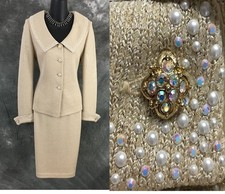 BEAUTIFUL St John evening knit beige gold rhinestones embellised skirt suit 6 8