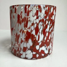 Crate & Barrel Large 6” Red Speckle Hurricane Candle Holder White Glass Spatter