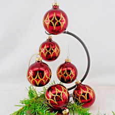 6 Ornaments Dark Red Blown Glass w Gold Glitter Design by Rauch 2" cc-2 