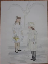 Original Art/Hand-Painted Children's Fashion Painting: 1917, Flower Girl
