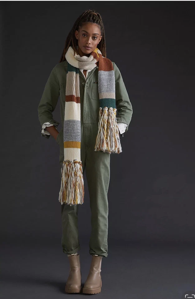 NUEVO CON ETIQUETAS ANTHROPOLOGIE Pilcro Neutro Rayas Bufanda Borlas Boho, Verde Crema Foto 3 de 3