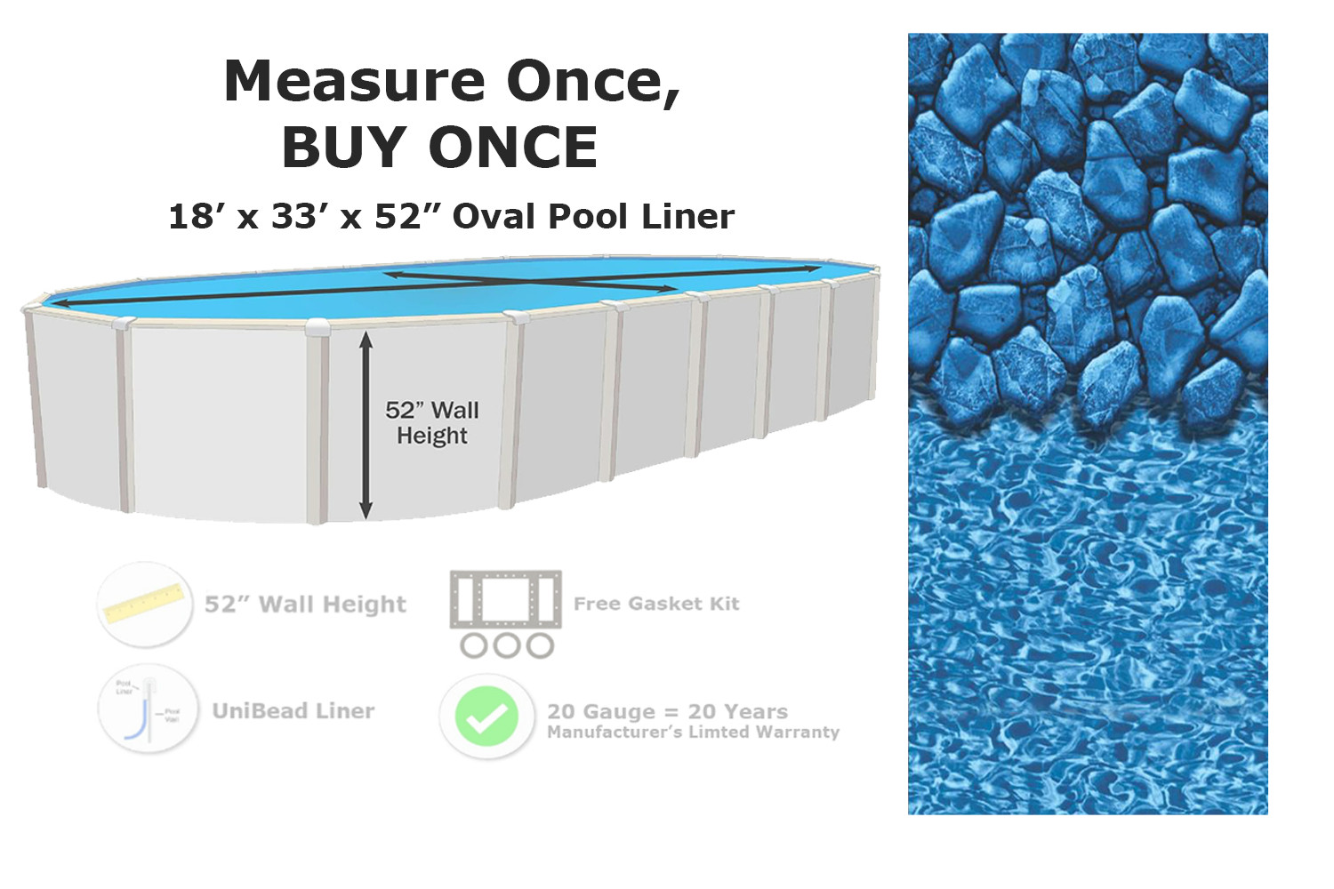 18' x 33' x 52" Oval Unibead 20 Gauge Swimming Pool Liner - (Choose Pattern)