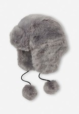 NWT Justice Girl Sledding Earflap Faux Fur Lined Grey Hat w/Pom-Poms at Tie Ends