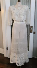 ANTIQUE EDWARDIAN IVORY WOVEN MESH NET DRESS ORNATE IRISH CROCHET WORK BOBINET