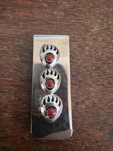 Nativo nativo americano navajo clip de dinero indio triple pata de oso coral rojo Zuni #F - Imagen 7 de 12